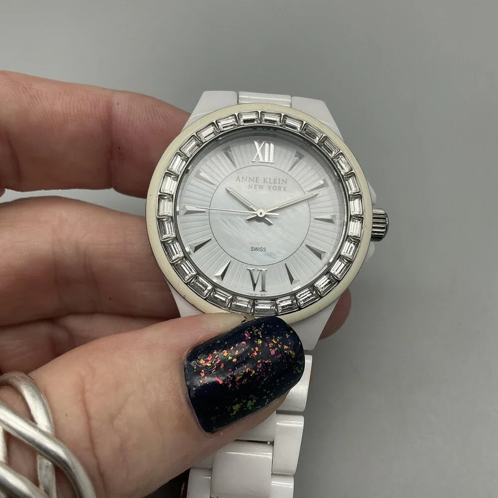 Anne Klein 7633S/2 Womens Watch 35mm Silver Tone White Ceramic New Battery 7